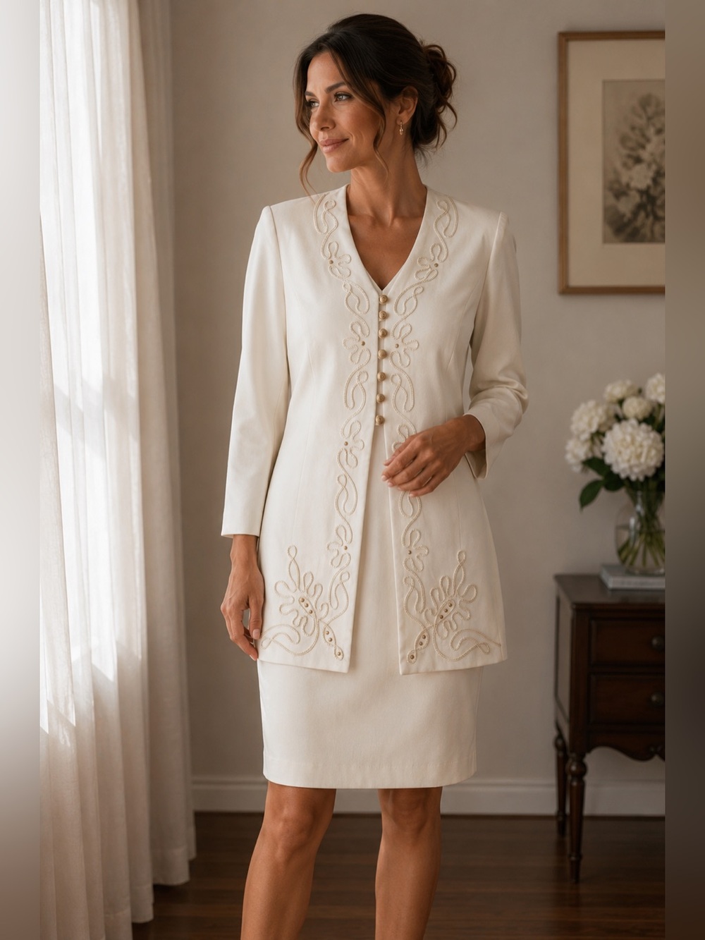 R&M Richards Cream Dress Top with Subtle Texture